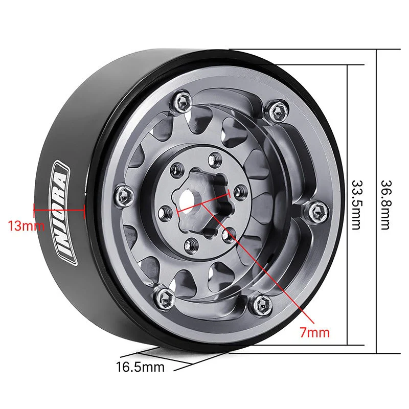 4 jantes Beadlock en aluminium gris anodisé INJORA 1,3 pour crawler RC 1/24, 1/18 - YQW-1311BG" - Image 6