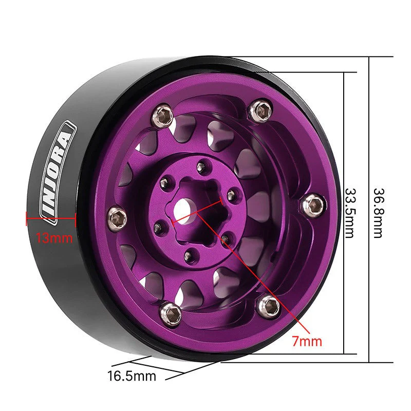 4 jantes Beadlock en aluminium violet INJORA 1,3 pour crawler RC 1/24, 1/18 - YQW-1311PU" - Image 5