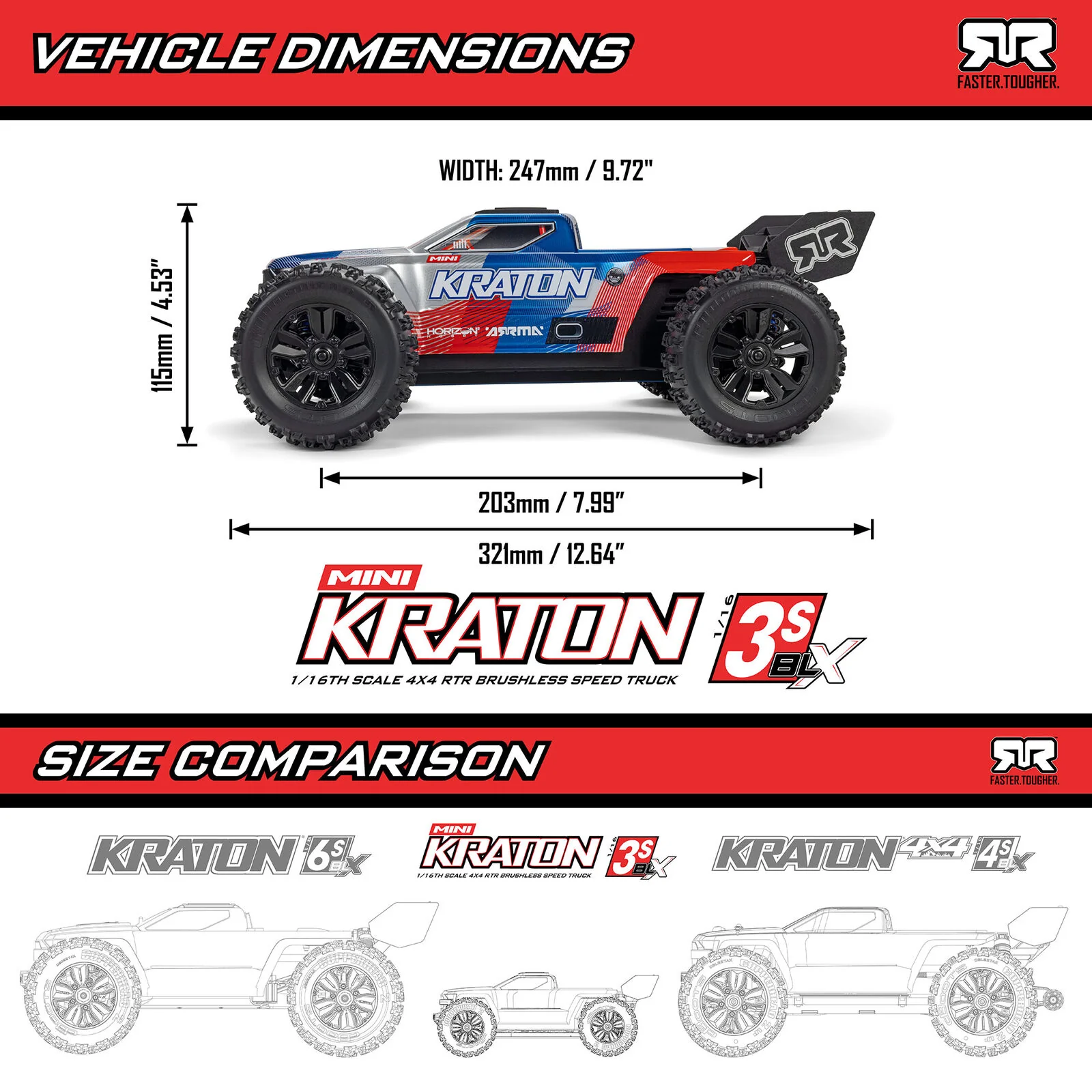 Arrma Mini Kraton 3S BLX 1/16 4x4 Brushless RTR (batterie/chargeur) ARA2508ST2 - Image 19