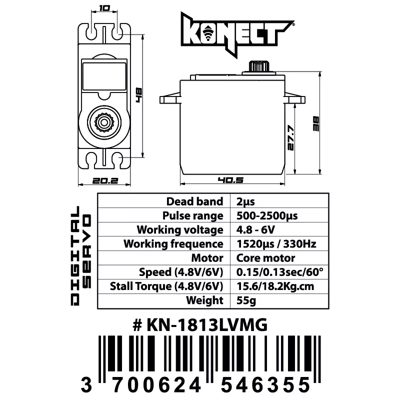 Servo standard Konect Digital 18kg pignons métal 1/8 et 1/10 - KN-1813LVMG - Image 3