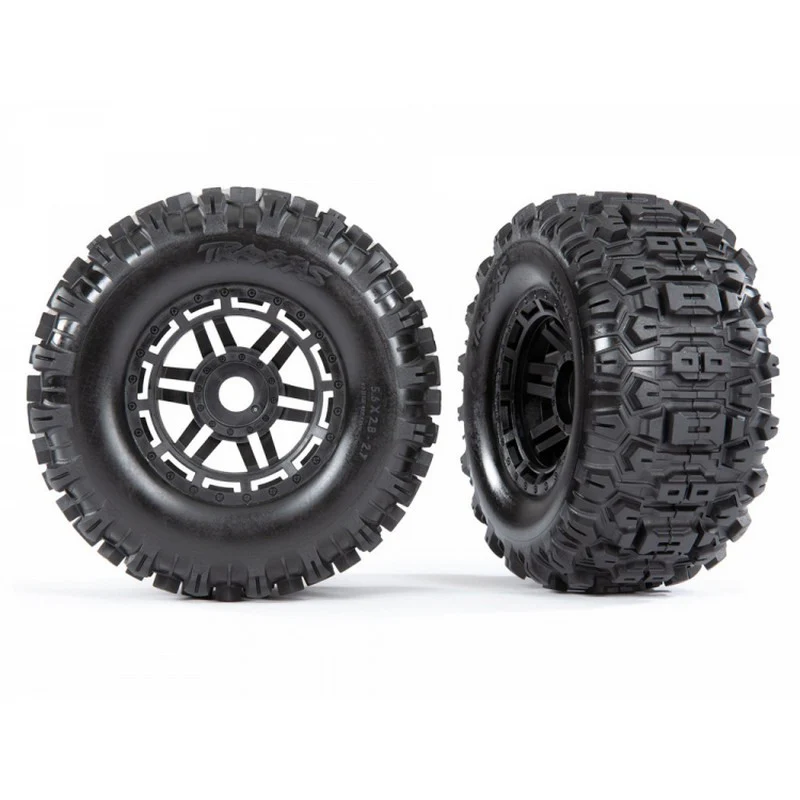 Traxxas 2 pneus + jantes noires Sledgehammer 2.8/3.6'' TSM Maxx 8973