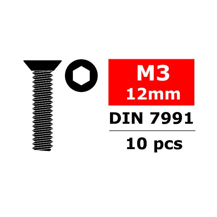 Vis en acier M3 x 12 mm tête plate hexagonale (10 pcs) - C-3002-30-12