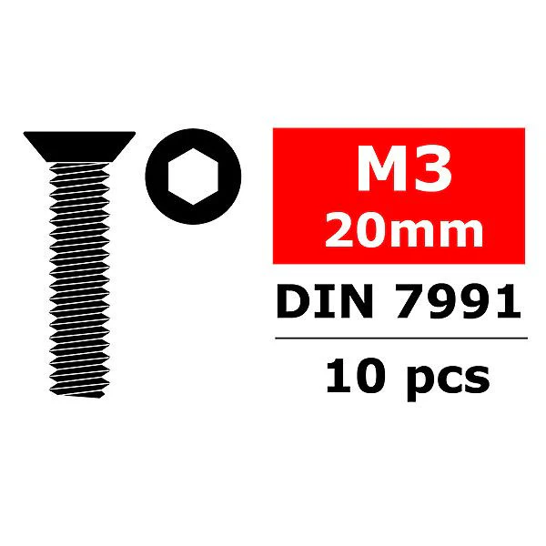 Vis en acier M3 x 20 mm tête plate hexagonale (10 pcs) - C-3002-30-20